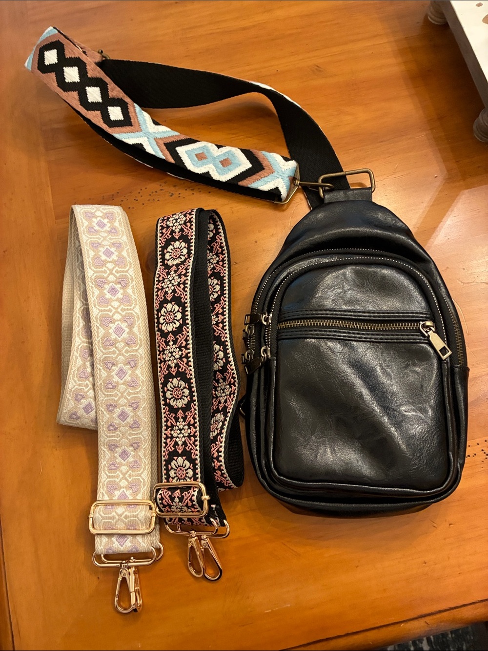 Unlisted Black Leather Crossbody Bag with Interchangeable Decorative Straps